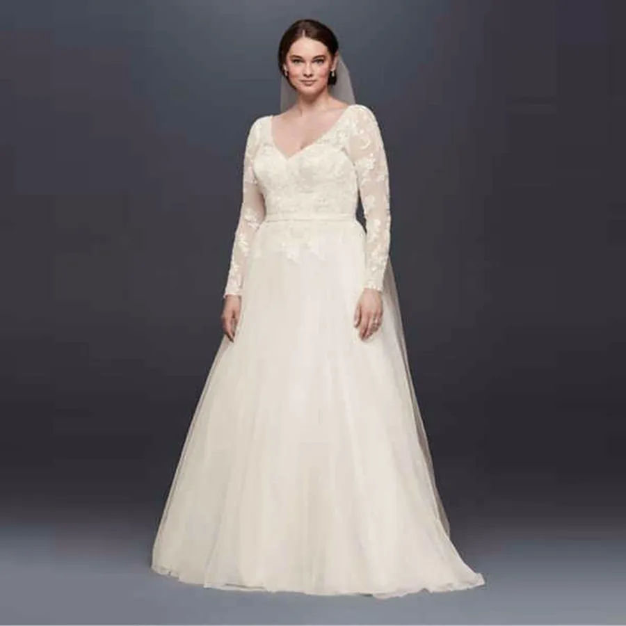 NEW! Plus Size Long Sleeve Illusion Wedding Dress With Low Back Tulle Designer V-Neck 2019 Bridal Gowns 9WG3831