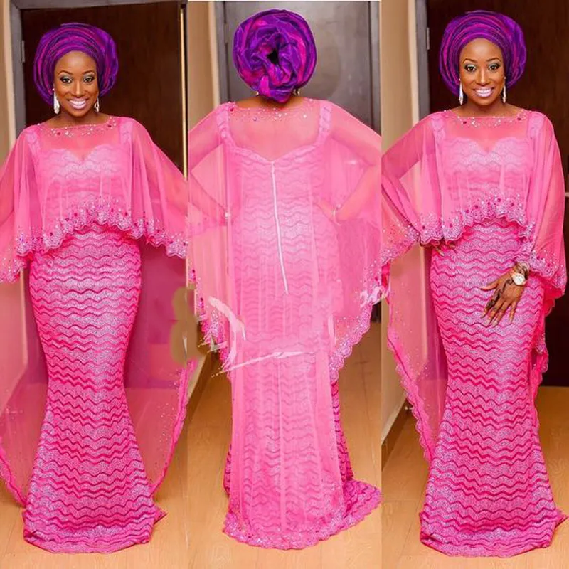 Hot Pink Plus Size Mermaid Robes de bal Aso Ebi Style Perles Robes de soirée avec tulle Sheer Jacket Wrap Femmes sud-africaines Tenue de soirée