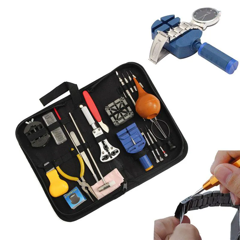 22 pièces Kit d'outils de réparation de montre ouvre-boîte lien ressort barre décapant boîte de transport pour horloger outil de réparation de montre glitter20082170