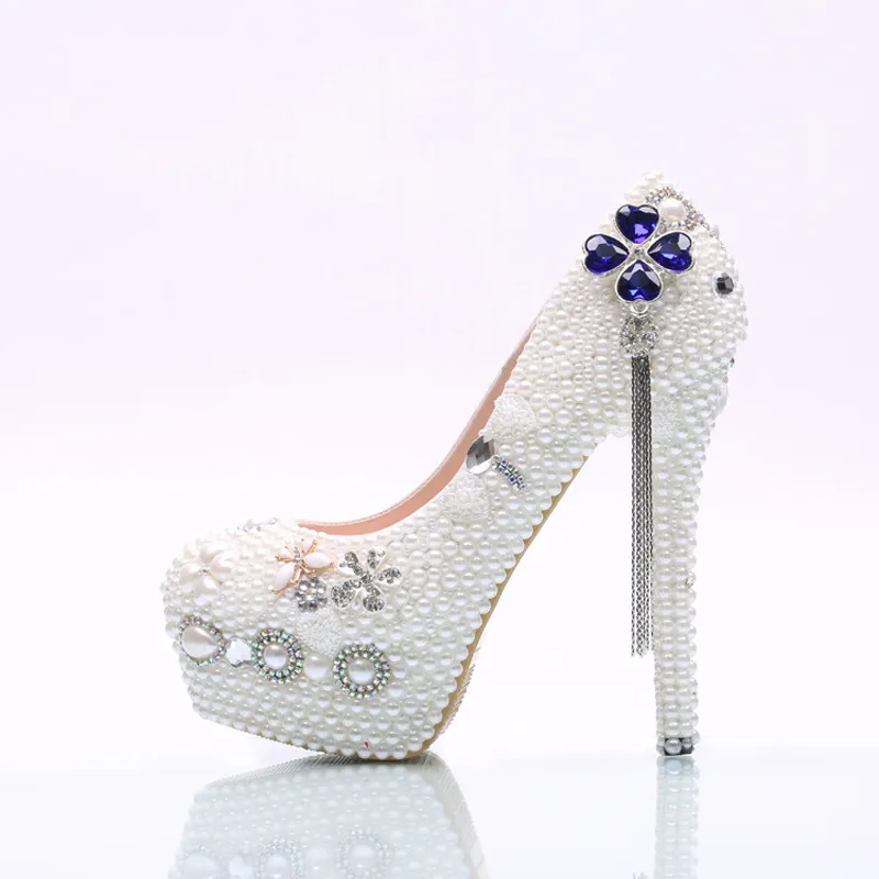 Scarpe da sposa per feste per matrimoni per perle bianche Domande Scarpe per le scarpe da cerimonia per adulti Pompe da ballo di compleanno con tallone alto Plus 45