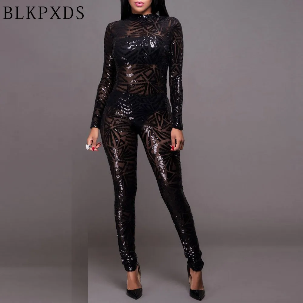 Groothandel - Nieuwe Zomer Stijl Zwarte Turtleneck Lange Mouw Sequin Lovertjes Vrouwen Jumpsuit Bodysuit Sexy Jumpsuits voor Dames Clubwear Rompertjes