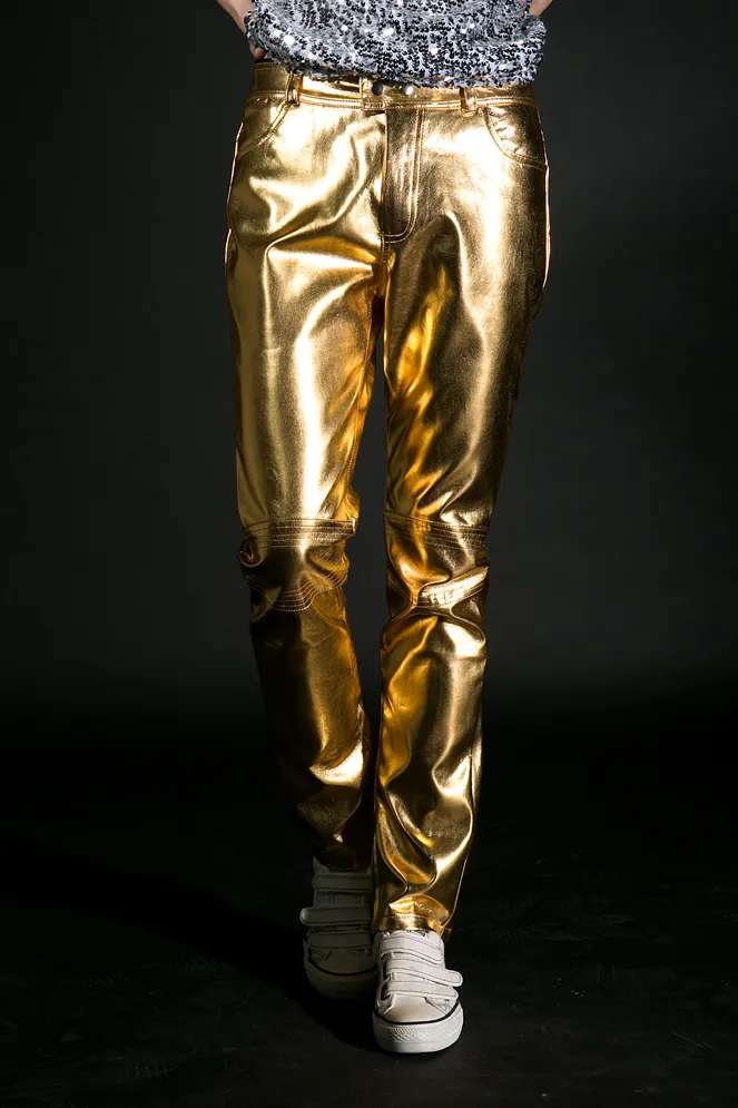 singer leather pants costume gold silver Ds performance fashion jazz dance wear metal slim PU pants sexy trousers nightclub bar