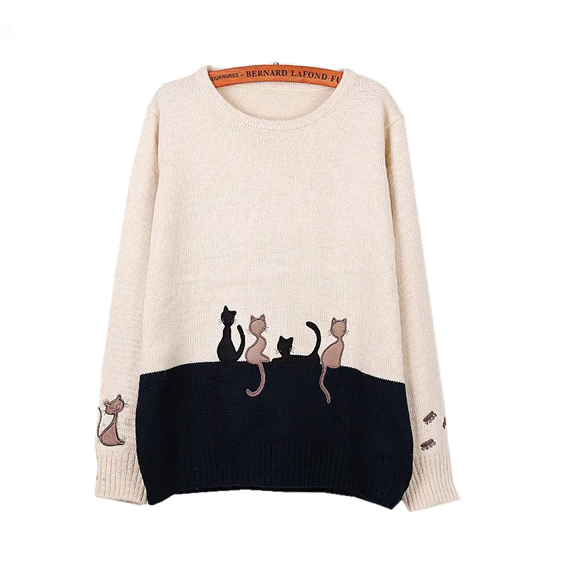Wholesale-Women Knitted Long Sleeve O-neck Embroidery Cat Patchwork Sweater 2016 Autumn Winter Women's Pullovers Pull Femme Jumper Tops