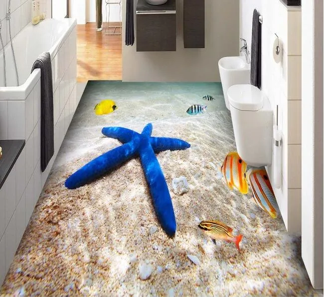 Pavimento in pvc 3d foto personalizzata Adesivo da parete pavimento impermeabile Ocean Beach Starfish Fish decor pittura 3d murales carta da parati pareti 3d