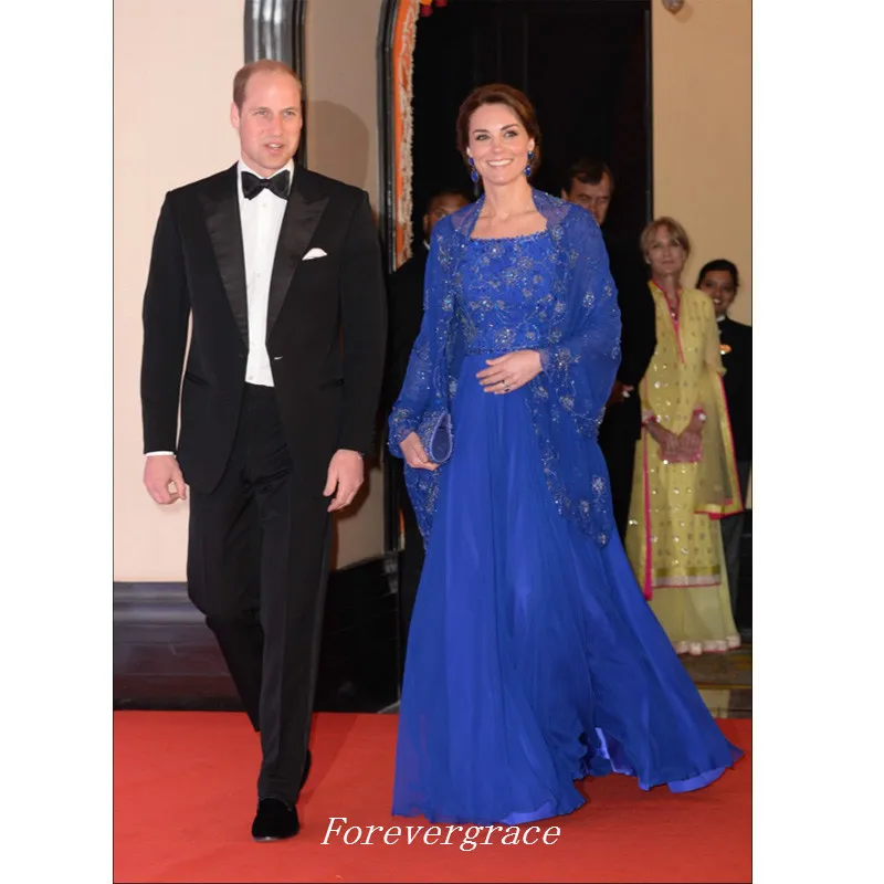 Royal Blue Kaftan Evening Gowns with Beaded Chiffon and Long Sleeves - Customizable Plus Size Formal Gown for Middleton and Celebrity Events at An
