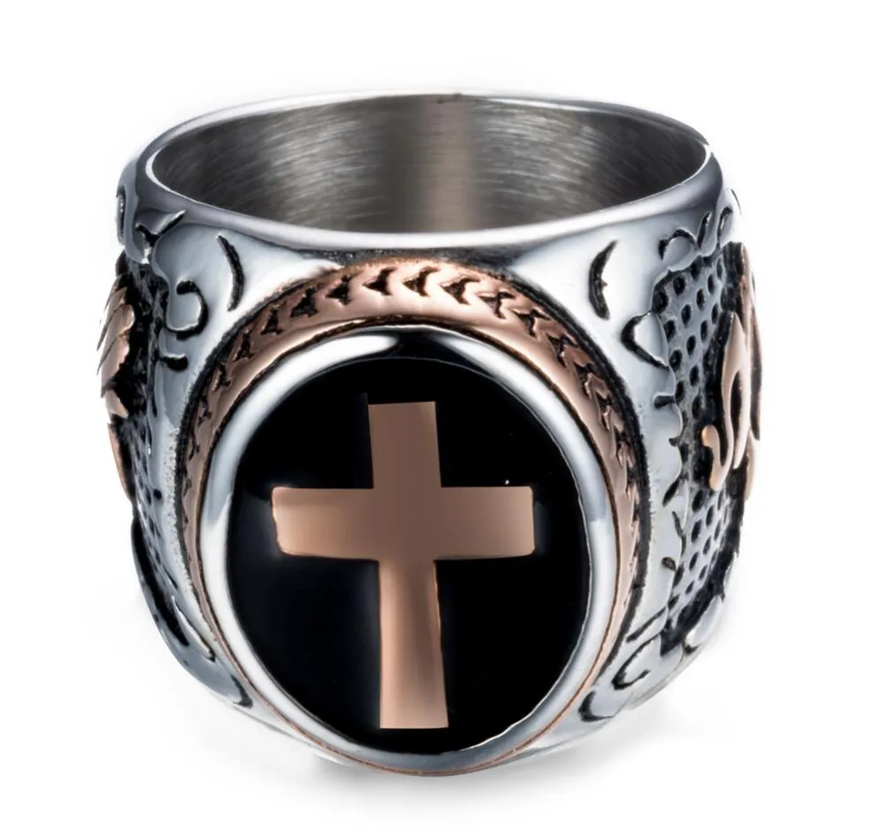 Bague croix celtique médiévale en acier inoxydable pour hommes, Punk, anneaux Rock, argent et noir, taille 7-13310q