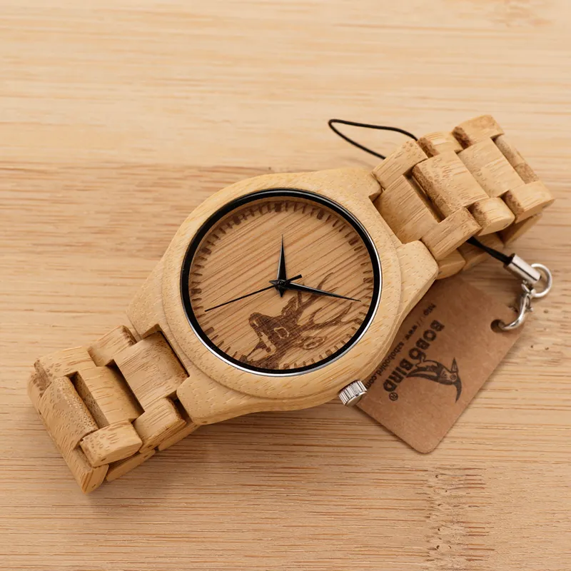 BOBO BIRD Orologio classico in legno di bambù Alce Testa di cervo Orologi da polso casual Orologi al quarzo con cinturino in bambù uomo donna277J