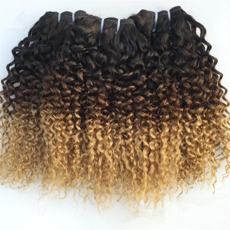Tre ton 1B427 Kinky Curly Ombre Human Hair Extensions 3st Dark Root Brown to Honey Blonde Ombre Human Hair Weave Bundles8891463