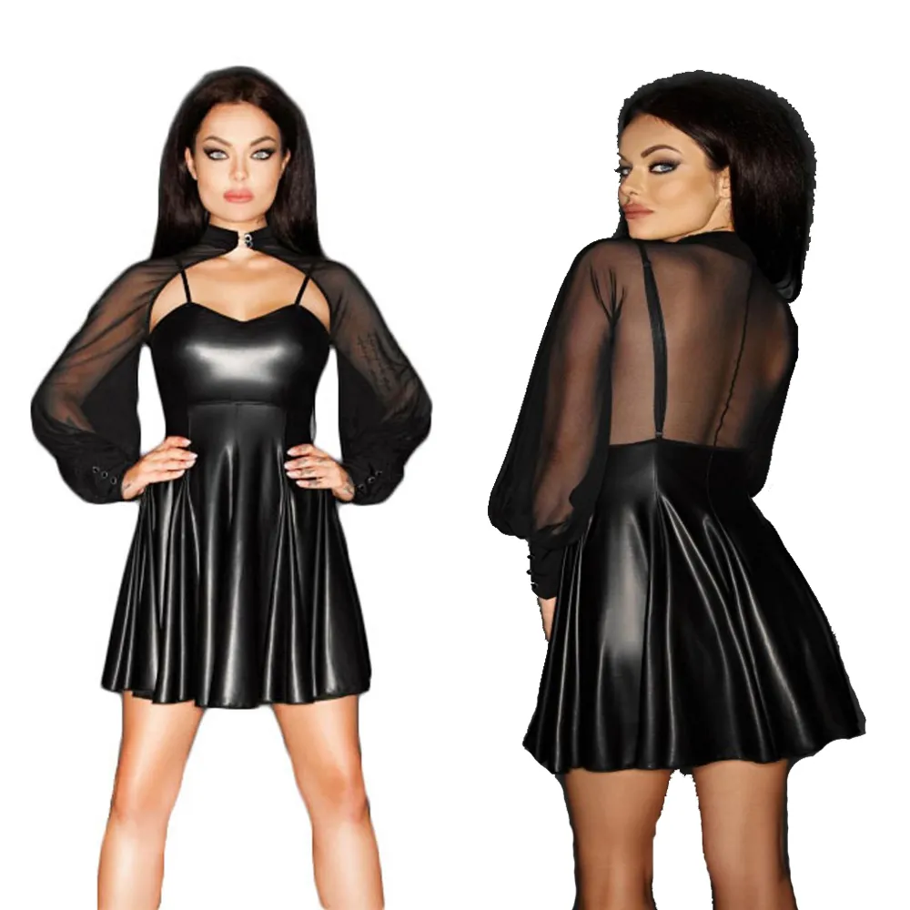 Stilvolles sexy Mesh-Minikleid mit Umhangärmeln, tief geschnitten, transparent, Clubwear, Wetlook, Kunstleder, Vestido, exotisches Partykostüm