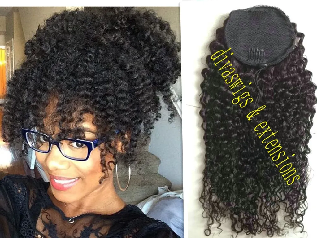 Short afro puff kinky curly ponytail hair extension color 1 jet black clip in remy hair afro drawstring ponytail hairpiece for black women