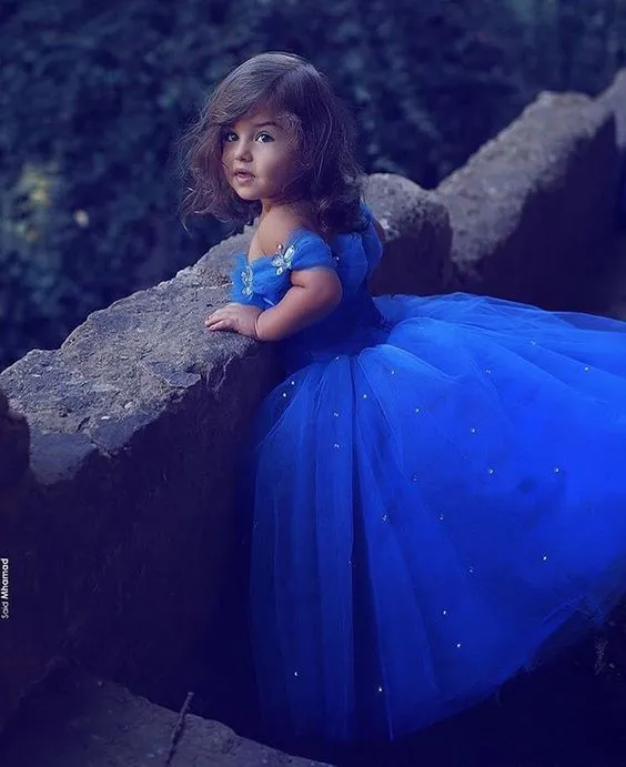 Royal Blue Princess Wedding Flower Girl Abiti gonfi Tutu con spalle scoperte Cristalli scintillanti 2019 Toddler Little Girls Pageant Comunione Dress