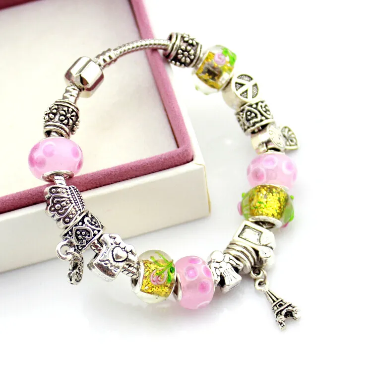 European Original 925 Tibet Silver Crystal Charm Bracelet Bangle for Women DIY Pandora Murano Glass Bead Bracelet Jewelry Pulseras Gift