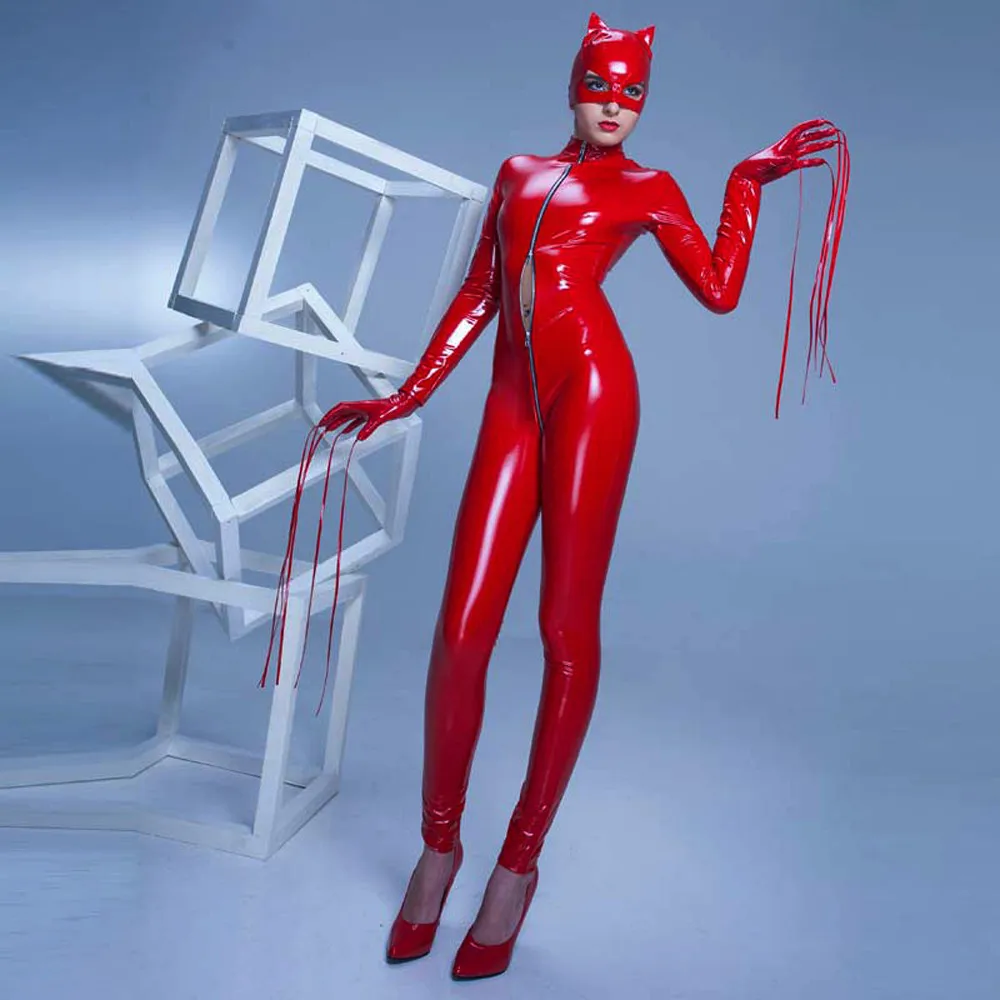 الأسود الأحمر قناع قفاز المطاط catsuit المرأة مثير BODYSUIT PVC سترة القفز المرأة القطة تأثيري هالوين ملابس تنكرية