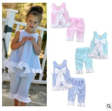 Kids Designer Clothes Girls Ruffled Bow Tops Pants Suits INS Baby Grid Shirts Shorts Clothing Sets Infant Summer Fashion Petal Outfits J453