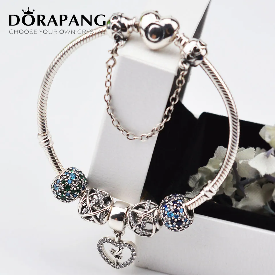 DORAPANG Bracciale in argento sterling 925 con pendente a forma di cuore Bracciale in cristallo cavo blu Set originale per donne Braccialetti fai-da-te Invia le scatole