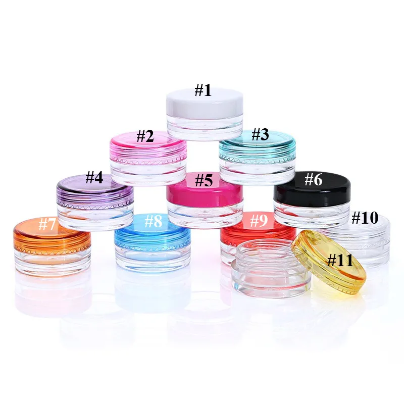 DHL GRATUIT 3g 5g transparent petite bouteille ronde Cosmétique Vide Pot Pot Fard À Paupières Baume À Lèvres Visage Crème Échantillon Conteneur 11 couleurs