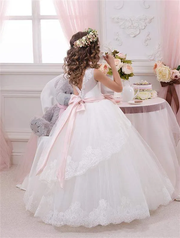 2020 Vit Elfenben Bloemenmeisjes Jurk Barn Första Kommunen Klänningar För Tjejer Boll Gown Belt Rosa Elegant Flower Girl Dress