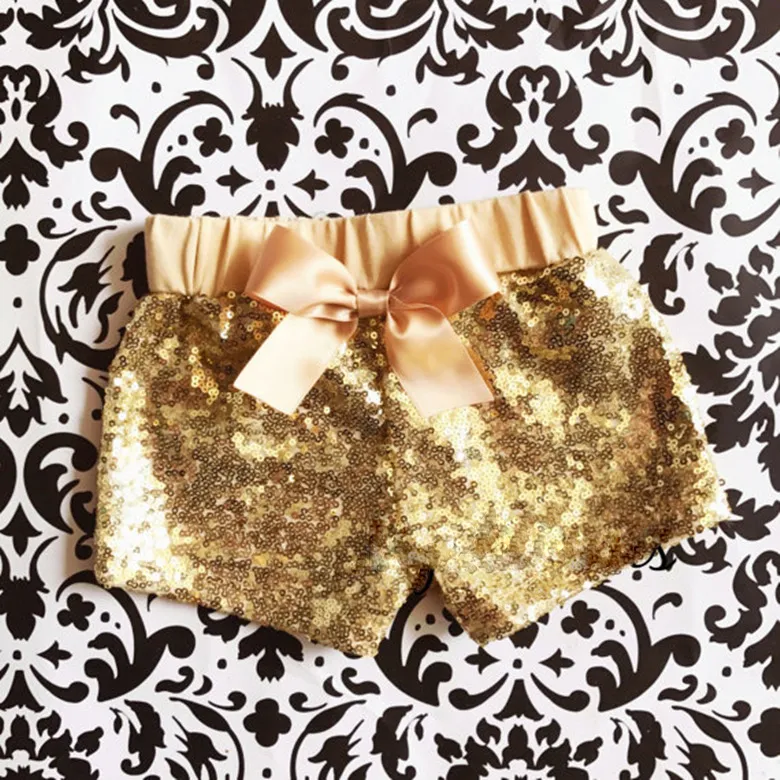 Flickor Shorts Sequin Söt Sommar Shorts 1-3Y Toddler Baby Tjejer Kläder Bowknot Sparkle Party Shorts Guld Glittery Bead Piece Kids kläder