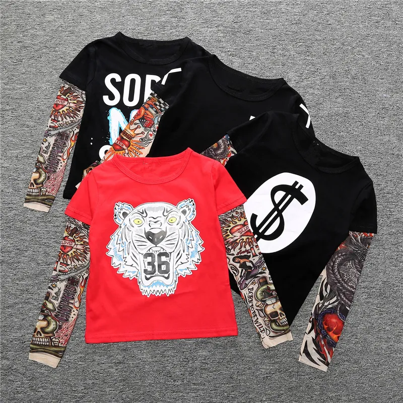 Ins-Barn Barnkläder Pojkar Tjejer Långärmad T-shirt Patchwork Hip Hop Fashion Tattoo Sleeve Toppar Tees Barn Barnkläder