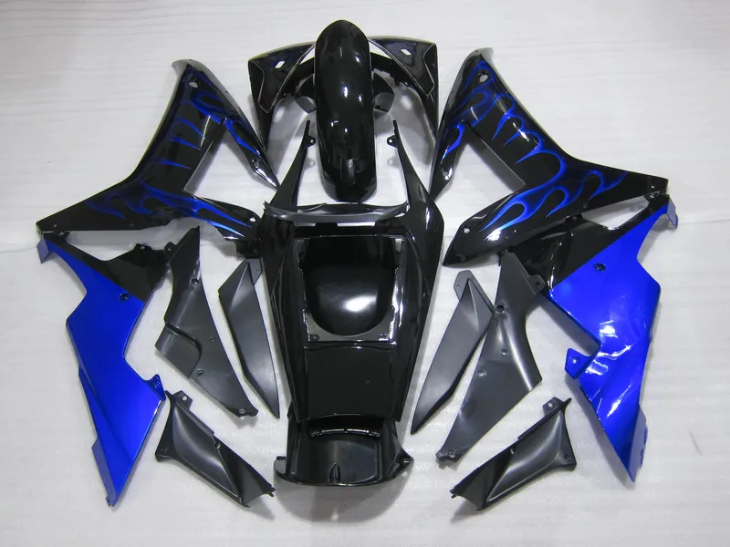 Injektionsformad karosseri Fairing Kit för Yamaha YZF R1 2002 2003 Blue Flames Black Fairings Set YZF R1 02 03 OT46