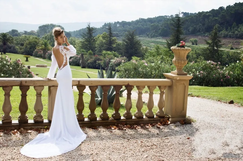 Abiti da sposa aperti posti da sposa in pizzo bianco in pizzo dalla spalla senza maniche lunghe senza schienale TRINGGLIO CHUORA Affascinante Top9846793