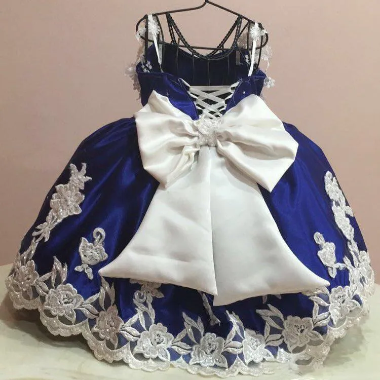 Cute Royal Blue Baby Formal Dresses 2017 Lace Appliques Spaghetti Children First Communion Gowns With Big Bow Flower Girl Dress For Wedding