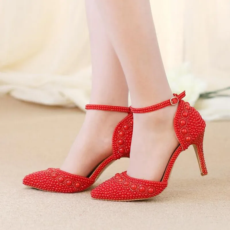 Women Summer Sandals Pointed Toe Rhinestone Pearl Wedding Party Shoes Gorgeous Bridal Shoes with Ankle Straps White Red and Pink308l