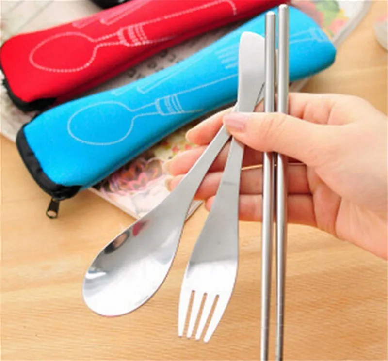 /sets Knife Fork Spoon Set Cutlery Set Tableware Dinner Lunch Set Bags Print Carving Stainless Steel Cutlery School Picnic Camping Eating Tool ZA1202