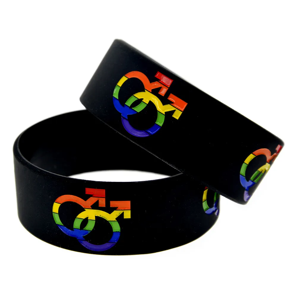 50 Stück Pride-Armbänder aus Silikonkautschuk mit geprägtem Jungen-Geschlechtslogo, 2,5 cm breit, schwarz, als Werbegeschenk