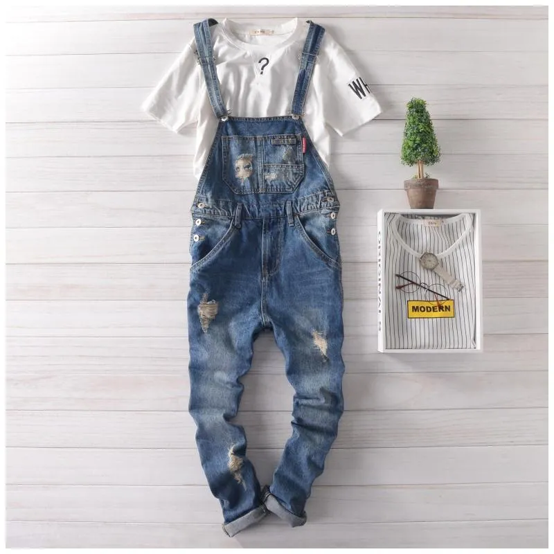 Wholesale-2016 Mens Suspender Pants Plus Size Bib Overalls Jeans For Men Fashion Slim Fit Denim Overalls Men Blue Salopette Homme