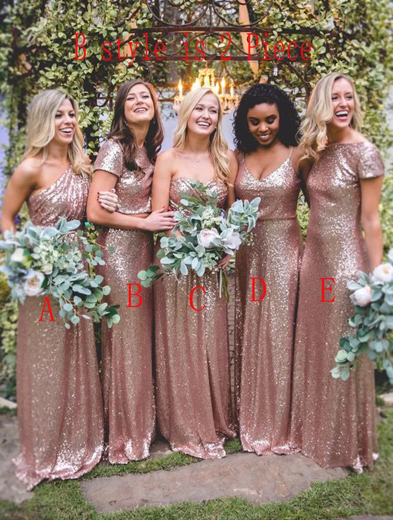 Abiti da damigella d'onore con guaina stile lungo in oro rosa con paillettes Abiti da damigella d'onore scintillanti per invitati a un matrimonio BM0234 03 27