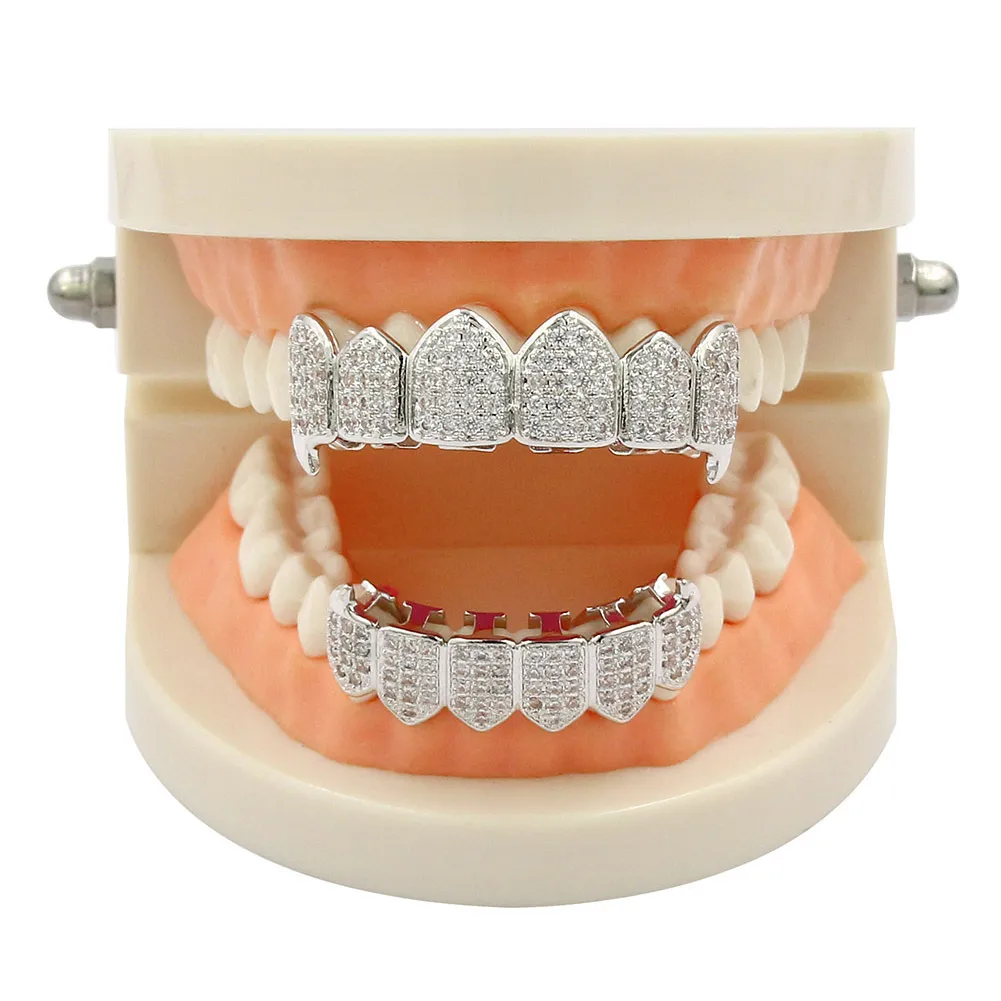 Hip Hop Iced Out CZ Mund Zähne Grillz Caps Oben Unten Grill Set Männer Frauen Vampire Grills