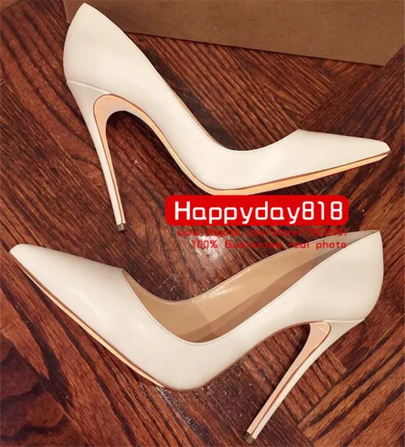 Dorywczo projektant Sexy Lady Moda Kobiety Buty White Matt Skórzane Spiczaste Toe Stiletto Stripper High Heels Prom Evening Pompy 12 cm Duży rozmiar 44