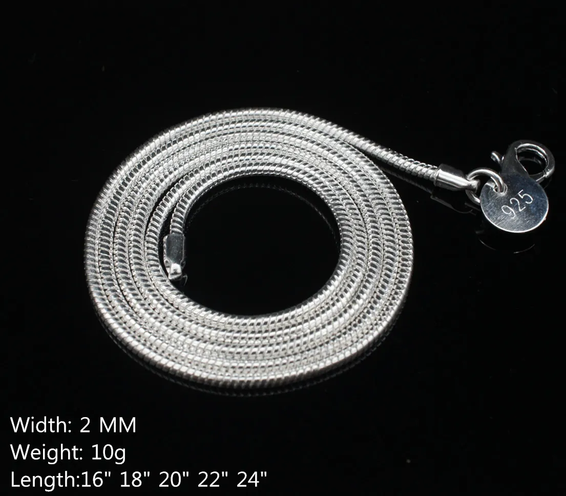 2 мм стерлингового серебра 925 пробы гладкая змея цепи ожерелья для женщин мода застежка-карабин ювелирные изделия женская цепь размер 16-24 дюймов дешево оптовая продажа
