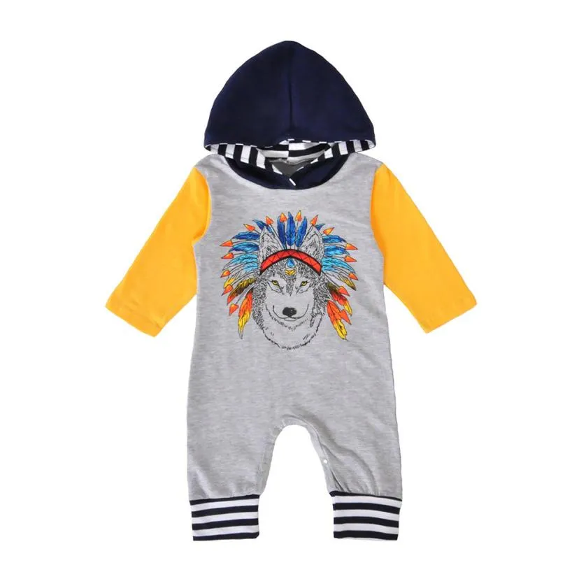 Baby Clothes Sets Fashion Spring Autumn Newborn Baby Boys Girls Indian Wolf Hoodie Romper Jumpsuit Outfits Clothes Kids Children Clothing