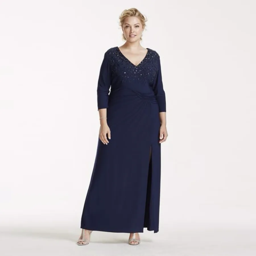 3/4 Sleeve Long Jersey with Beaded Bodice 292330I Dark Blue Plus Size Sexy Mother of the Bridal Dres Wedding Party Dress Formal Dresses