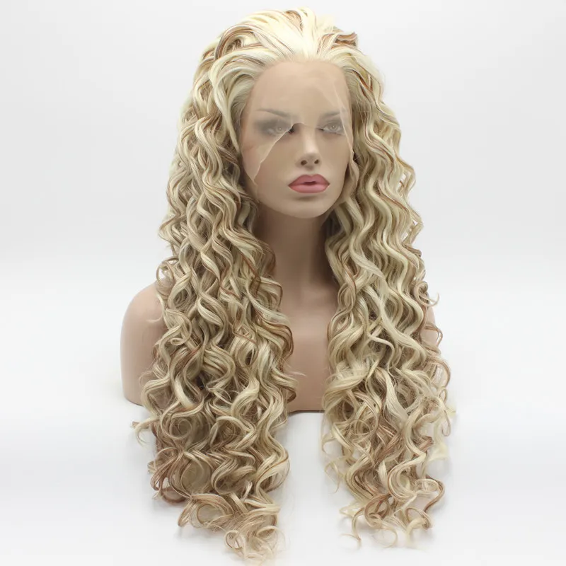 Iwona Hair Curly Long White Blonde Auburn Mix Wig 18#1001/613/30 Half Hand Tied Heat Resistant Synthetic Lace Front Wig