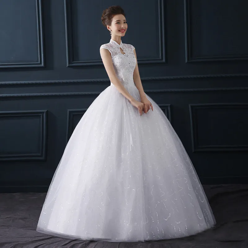 Nouvelles robes de mariée robe de bal robes de mariée formelles avec fleur mancherons glamour col haut trou de serrure robes De Novia robe de mariée