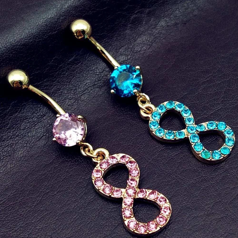 10pc gold plated316L Surgical Steel CZ Infinity Dangle 배꼽 피어싱 여성용 배꼽 링 여름 섹시한 바디 쥬얼리