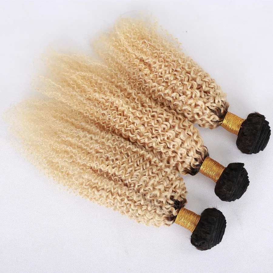 Raiz escuro Afro Crespo Encaracolado Malaio Virgem Do Cabelo Tece Com Ombre Loiro Frontal Ombre # 1B 613 Feixes De Cabelo Humano Com Fecho de Renda Frontal