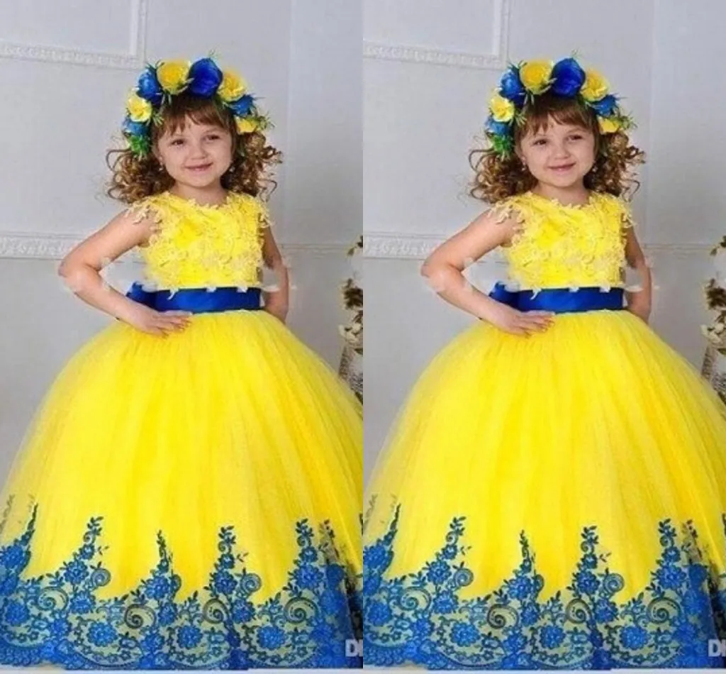 Yellow Vintage Girls Pageant Dresses Spódnica Aplikacja Suknia Balowa Dziewczyny Korant Suknie Bez Rękawów Custom Make tanie Kwiat Girl Sukienki