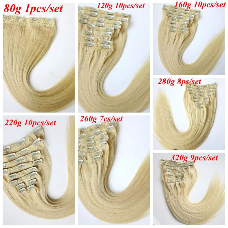 80g 120g 160g 220g 260g 280g 320g Clip in Hair Extensions # 60 / Platinum Blondynka Brazylijski Indian Human Hair Double top więcej kolorów