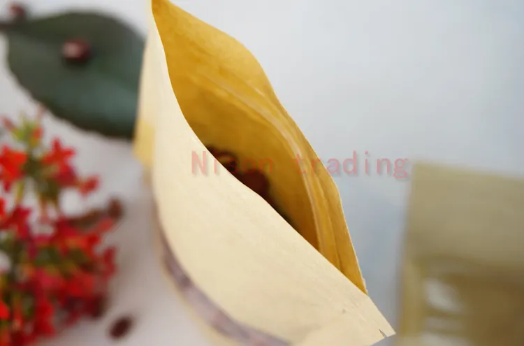 16*24cm stand up brown Kraft paper zip lock bag with window- dried cranberry storage bags zipper resealable, self-standing sack