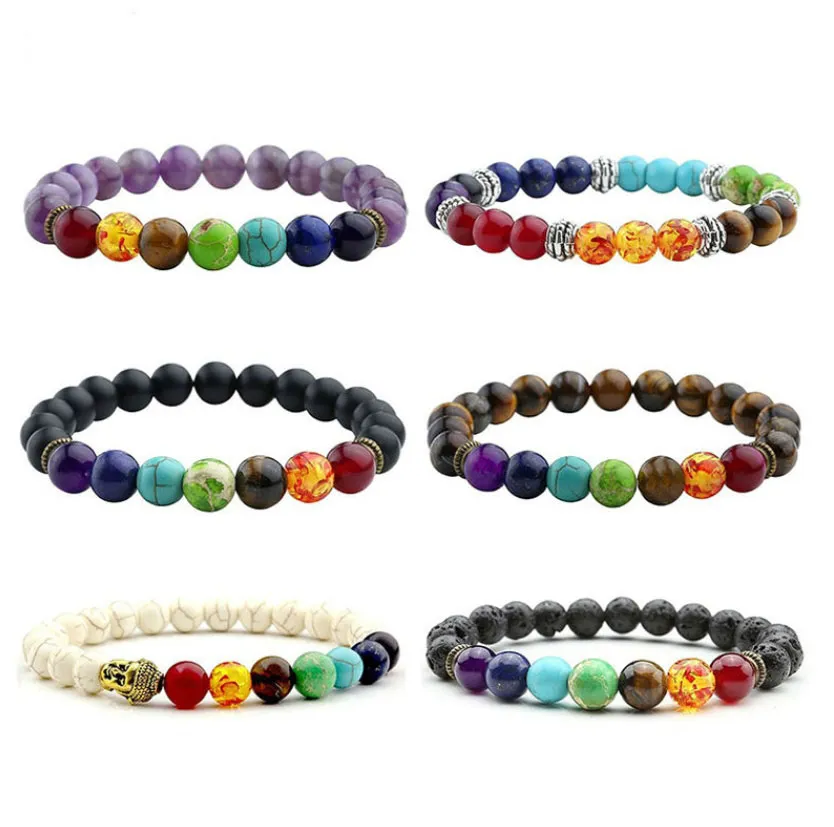 2017 Nuovo 7 Chakra Braccialetto Uomo Nero Lava Healing Balance Beads Reiki Buddha Preghiera Pietra Naturale Yoga Braccialetto Per Le Donne