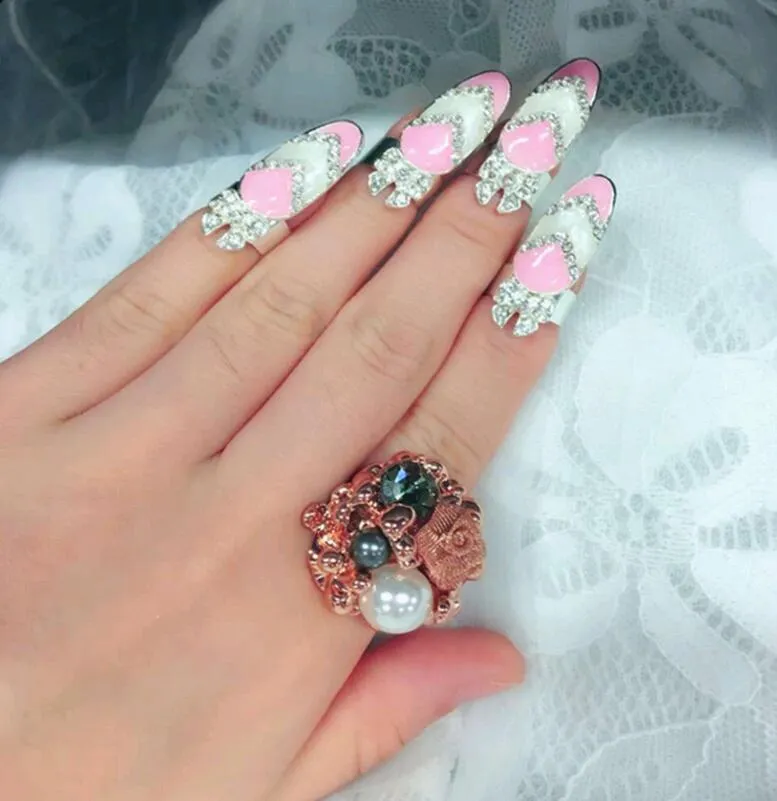 Finger Nail Art Rings With Side Stones Colorful Crystal Rhinestone knuckle Fingernail Tail Ring Crown Cover Protect Nails Charms Jewelry