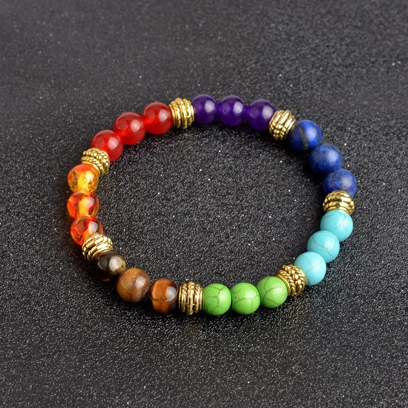 Multicolore 7 Chakra Guérison Équilibre Perles Bracelet Mat Agate Pierre Naturelle Lave Yoga Vie Énergie Bracelet Femmes Hommes Casual Bijoux