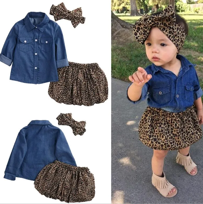 Baby Girls Clothes 3pcs Sets Children Cowboy Shirt Leopard print Skirt and Headdress Suits for Kids fit 1-5 Years