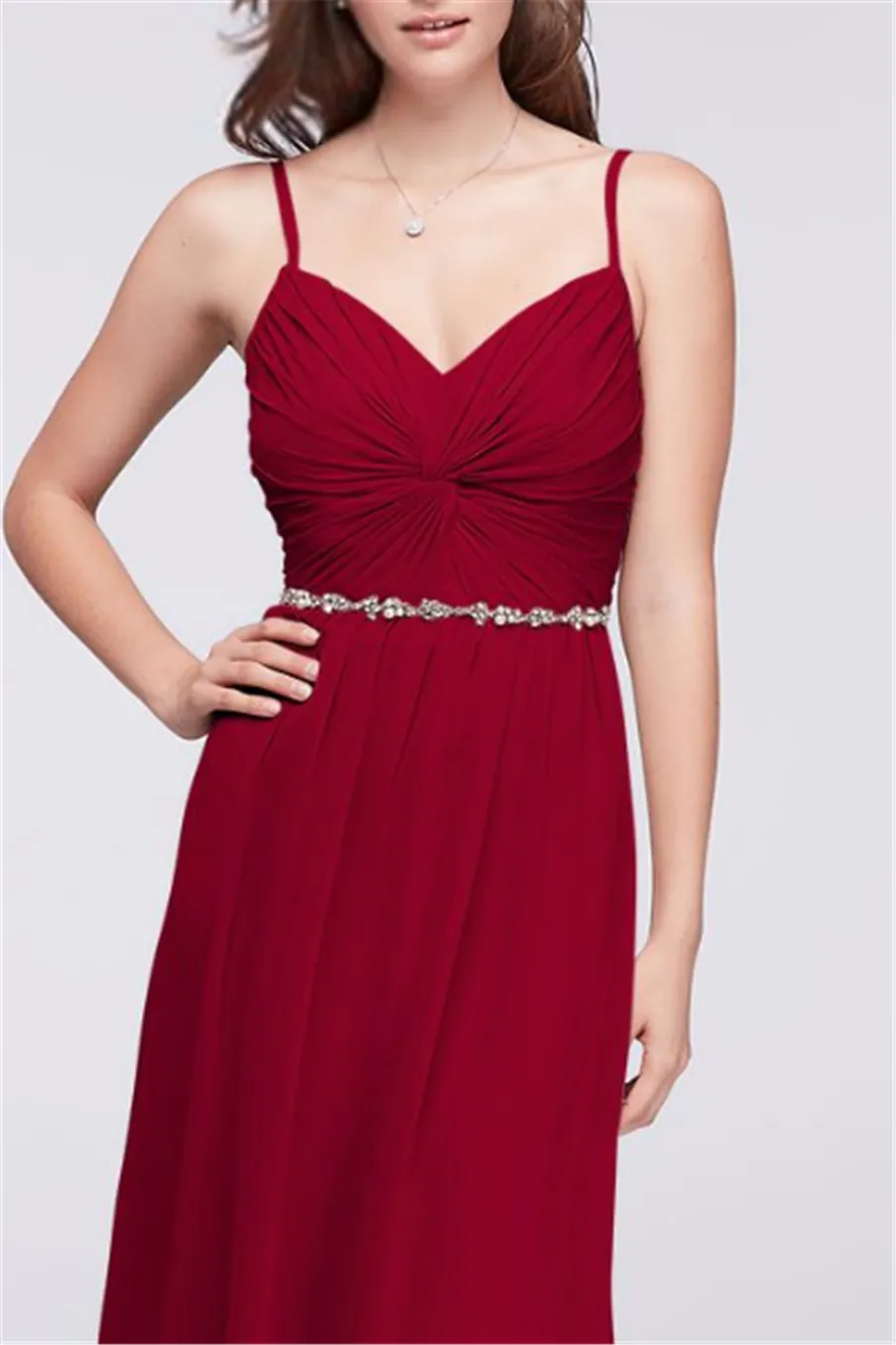 2021 Nieuw! Twist Bodice Chiffon Bruidsmeisjesjurk met Beaded Riem W11147 Bruiloft Gow Avond Formele Toga