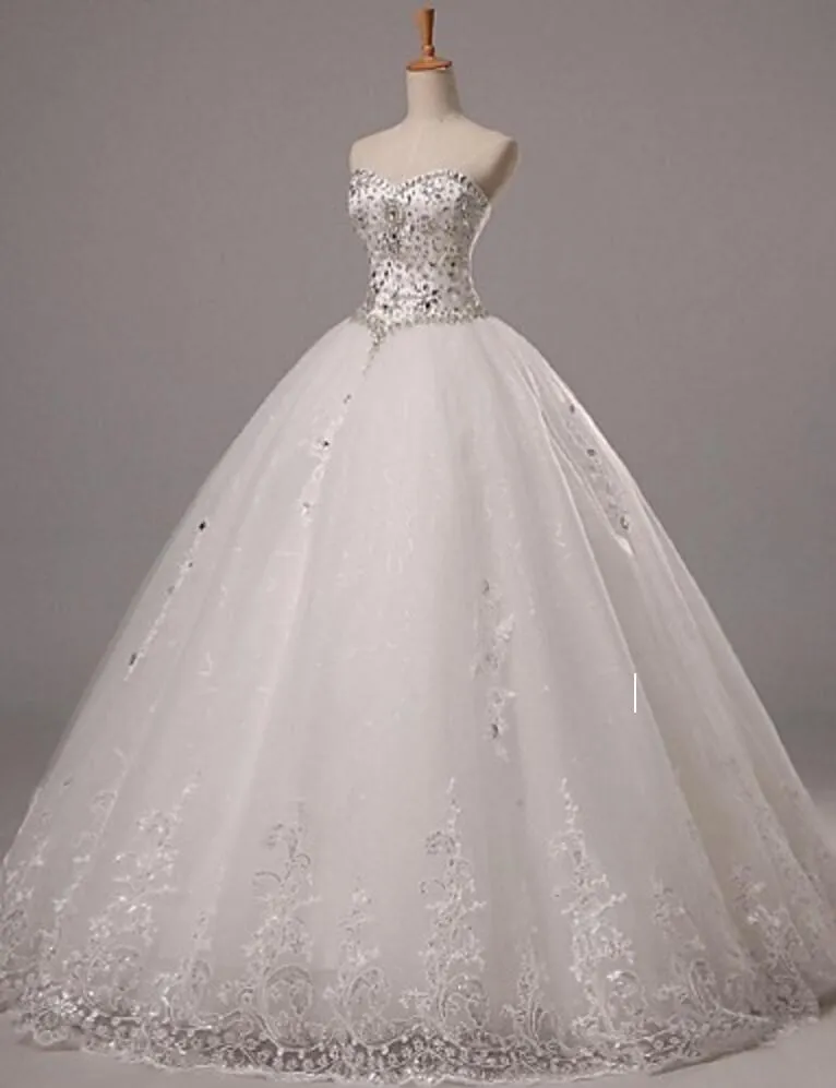 Abito da sposa abito da ballo Sparkle Shine Tulle a cuore lungo fino al pavimento con applicazioni di perline