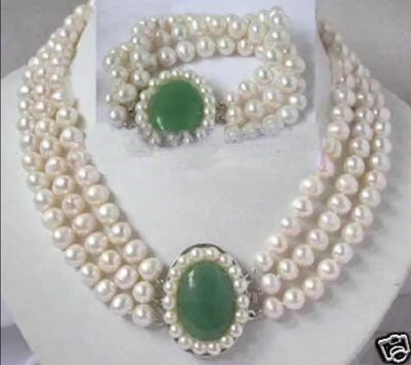 7-8mm Charming white pearl jade clasp necklace bracelet